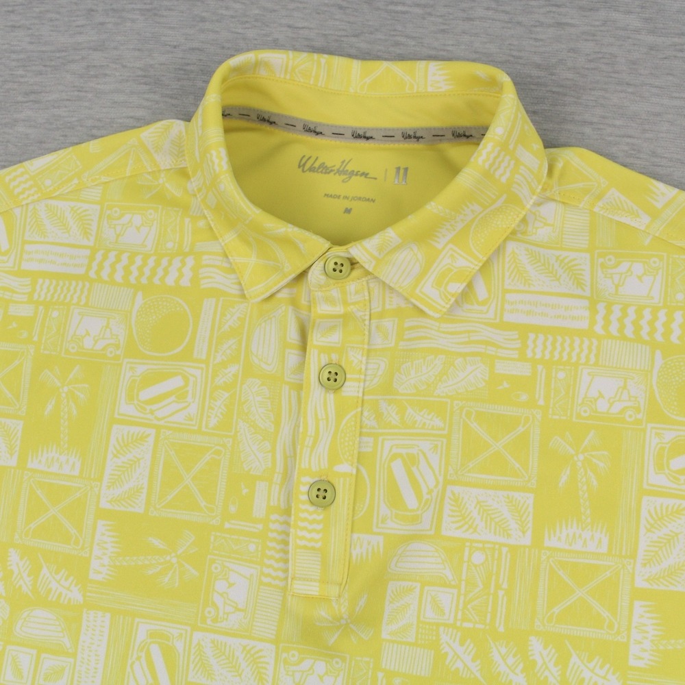 Walter Hagan 11 Majors Polo Shirt Mens Size M Yellow All Over Print Poly Stretch